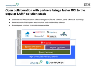 Open collaboration with partners brings faster ROI to the popular LAMP solution stack 
PHP (Zend) 
High Speed Data Transfer (Mellanox) 
Linux (Canonical) 
Apache Web Server (Canonical) 
SkySQL (MariaDB) 
PHP (Zend) 
Orchestration - Juju (Canonical) 
 
Database and I/O optimizations take advantage of POWER8, Mellanox, Zend, & MariaDB technology 
 
Faster application deployment with Canonical cloud orchestration software 
 
Pre-integrated in the lab to simplify client experience  