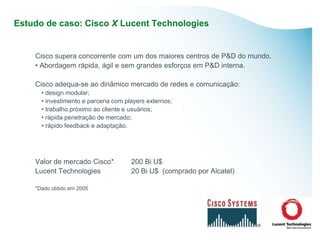 Estudo de caso: Cisco X Lucent Technologies


    Cisco supera concorrente com um dos maiores centros de P&D do mundo.
    • Abordagem rápida, ágil e sem grandes esforços em P&D interna.

    Cisco adequa-se ao dinâmico mercado de redes e comunicação:
      • design modular;
      • investimento e parceria com players externos;
      • trabalho próximo ao cliente e usuários;
      • rápida penetração de mercado;
      • rápido feedback e adaptação.




    Valor de mercado Cisco*           200 Bi U$
    Lucent Technologies               20 Bi U$ (comprado por Alcatel)

    *Dado obtido em 2005
 