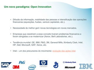 Um novo paradigma: Open Innovation



    • Difusão da informação, mobilidade das pessoas e intensificação das operações
      financeiras (aquisições, fusões, venture capitalists, etc.).

    • Necessidade de melhor gerir novas tecnologias em novos mercados.

    • Empresas que resistiram a esse conceito tiveram problemas financeiros e
      foram obrigadas a se modernizar (Xerox, Bell Laboratories, etc.).

    • Tendência mundial: GE, IBM, P&G, 3M, General Mills, Kimberly Clark, Intel,
      HP, Dell, Microsoft, SAP, Xerox, etc.

    • Intel – um dos precursores do movimento: evolução das ações Intel.
 