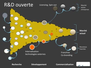 R&D ouverte                 Licensing, Spin out                    Marché
                                                                   autres
                                                                   entreprises




                                                                  Marché
                                                                  actuel




                                                                  Nouveaux
                                                                  marchés
              Internalisation                     Franchise
              technologies externes               Co-branding



  Recherche         Développement             Commercialisation
 