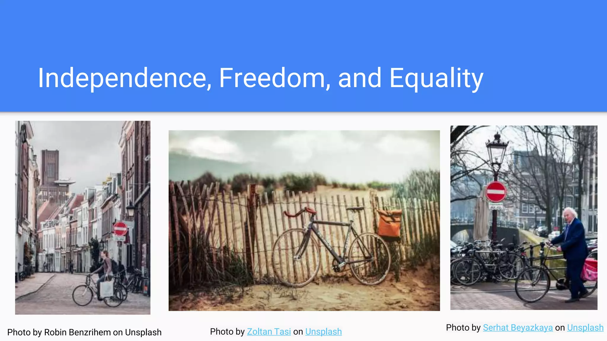 Independence, Freedom, and Equality
Photo by Robin Benzrihem on Unsplash Photo by Zoltan Tasi on Unsplash Photo by Serhat Beyazkaya on Unsplash
 