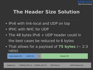 The Header Size Solution
● IPv6 with link-local and UDP on top
● IPHC with NHC for UDP
● The 48 bytes IPv6 + UDP header could in
the best cases be reduced to 6 bytes
● That allows for a payload of 75 bytes (~ 2:3
ratio)
Frame Header (25) LLSEC (21) 6 Payload (75)
Dispatch (1) LOWPAN_IPHC (1) LOWPAN_NHC (1) UDP Ports (1) UDP Checksum (2)
 