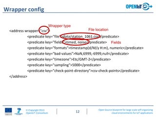 Open Source blueprint for large scale self-organizing
cloud environments for IoT applications
© Copyright 2013
OpenIoT Consortium 12
Wrapper config
<address wrapper="csv">
<predicate key="file">data/station_1061.csv</predicate>
<predicate key="fields">timed, noise</predicate>
<predicate key="formats">timestamp(d/M/y H:m), numeric</predicate>
<predicate key="bad-values">NaN,6999,-6999,null</predicate>
<predicate key="timezone">Etc/GMT-2</predicate>
<predicate key="sampling">5000</predicate>
<predicate key="check-point-directory">csv-check-points</predicate>
</address>
Wrapper type
File location
Fields
 