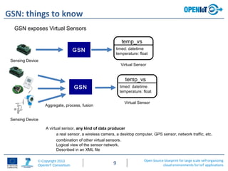 Open Source blueprint for large scale self-organizing
cloud environments for IoT applications
© Copyright 2013
OpenIoT Consortium 9
GSN: things to know
GSN
GSN exposes Virtual Sensors
Sensing Device
temp_vs
timed: datetime
temperature: float
Virtual Sensor
GSN
Sensing Device
temp_vs
timed: datetime
temperature: float
Virtual Sensor
Aggregate, process, fusion
A virtual sensor, any kind of data producer
a real sensor, a wireless camera, a desktop computer, GPS sensor, network traffic, etc.
combination of other virtual sensors.
Logical view of the sensor network.
Described in an XML file
 