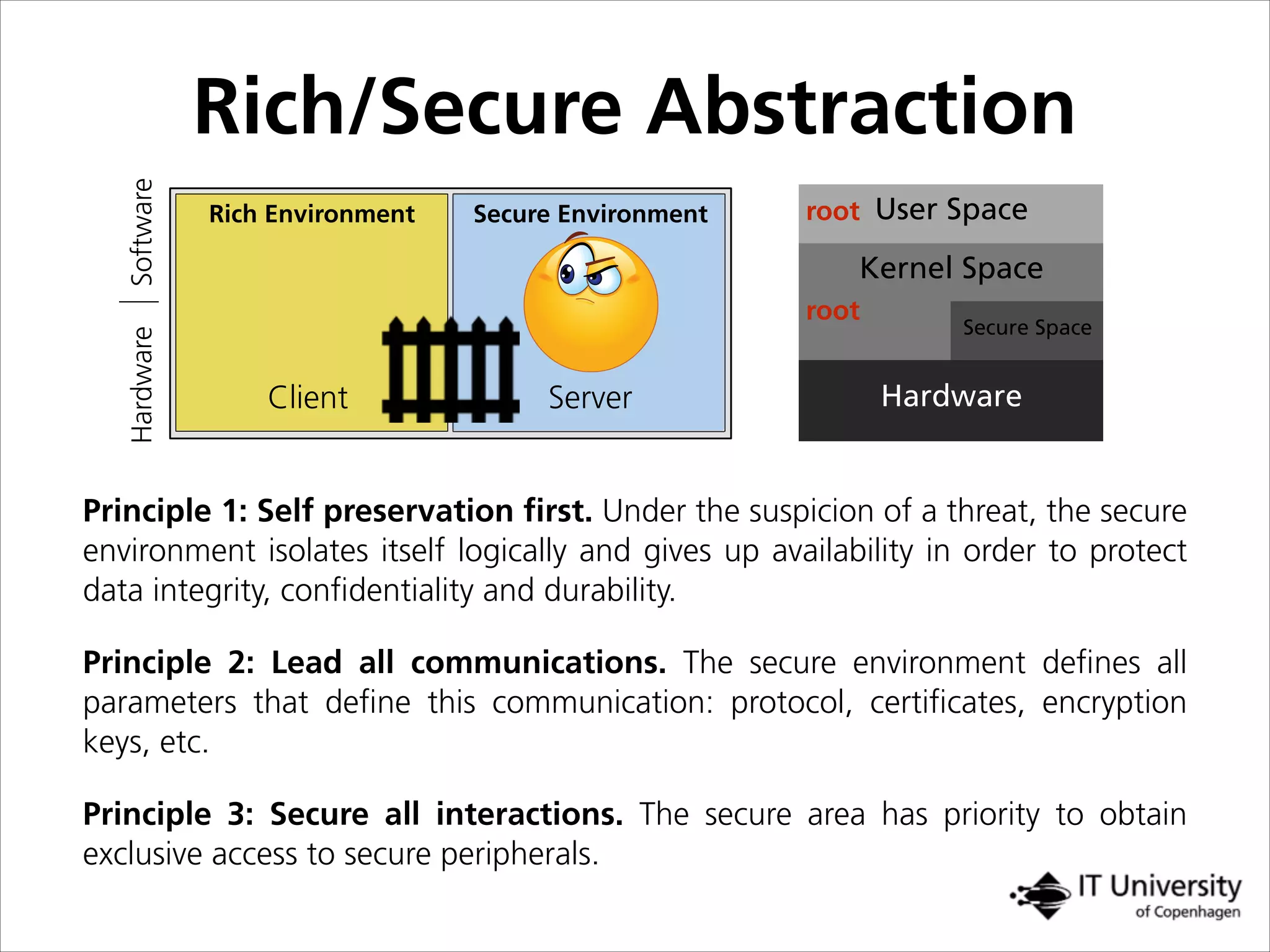 Rich/Secure Abstraction
Principle 1: Self preservation ﬁrst. Under the suspicion of a threat, the secure
environment isolates itself logically and gives up availability in order to protect
data integrity, conﬁdentiality and durability.
Rich Environment Secure Environment
Client Server
User Space
Kernel Space
Secure Space
Hardware
root
root
HardwareSoftware
Principle 2: Lead all communications. The secure environment deﬁnes all
parameters that deﬁne this communication: protocol, certiﬁcates, encryption
keys, etc.
Principle 3: Secure all interactions. The secure area has priority to obtain
exclusive access to secure peripherals.
 