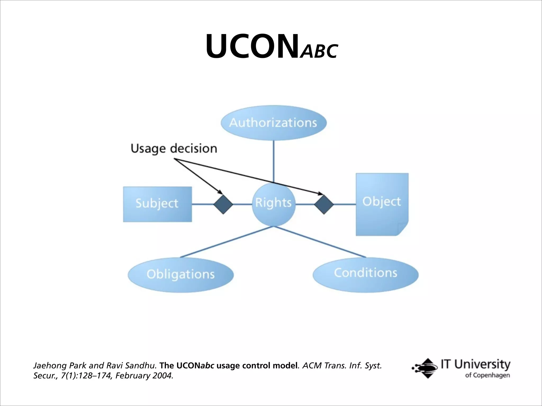 UCONABC
Jaehong Park and Ravi Sandhu. The UCONabc usage control model. ACM Trans. Inf. Syst.
Secur., 7(1):128–174, February 2004.
 
