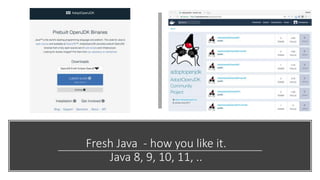 Fresh Java - how you like it.
Java 8, 9, 10, 11, ..
https://hub.docker.com/r/adoptopenjdk/
 
