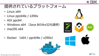 IBM Corporation 2019. All Rights Reserved.
#jjug
提供されているプラットフォーム
• Linux x64
• Linux ppc64le / s390x
• AIX ppc64
• Windows x64 （Java 8のみx32も提供）
• macOS x64
• Docker （x64 / ppc64le / s390x）
 