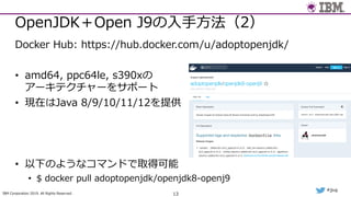 IBM Corporation 2019. All Rights Reserved.
#jjug
OpenJDK＋Open J9の⼊⼿⽅法（2）
Docker Hub: https://hub.docker.com/u/adoptopenjdk/
• amd64, ppc64le, s390xの
アーキテクチャーをサポート
• 現在はJava 8/9/10/11/12を提供
• 以下のようなコマンドで取得可能
• $ docker pull adoptopenjdk/openjdk8-openj9
13
 