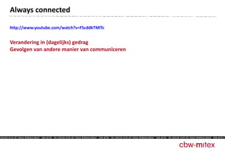 http://www.youtube.com/watch?v=FScddkTMlTc Verandering in (dagelijks) gedrag  Gevolgen van andere manier van communiceren Always connected 
