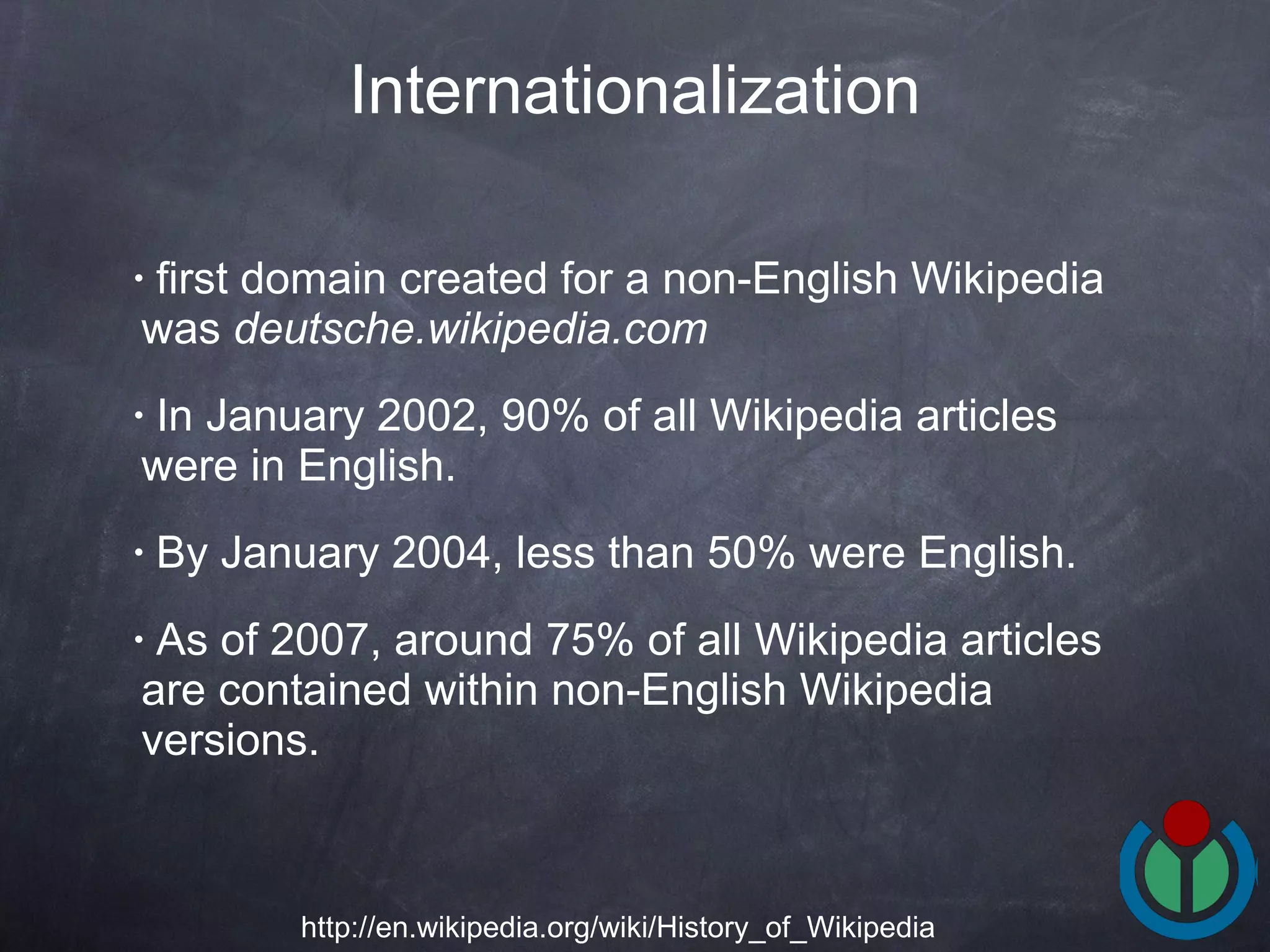 first domain created for a non-English Wikipedia was  deutsche.wikipedia.com   In January 2002, 90% of all Wikipedia articles were in English.  By January 2004, less than 50% were English. As of 2007, around 75% of all Wikipedia articles are contained within non-English Wikipedia versions.  Internationalization http://en.wikipedia.org/wiki/History_of_Wikipedia 