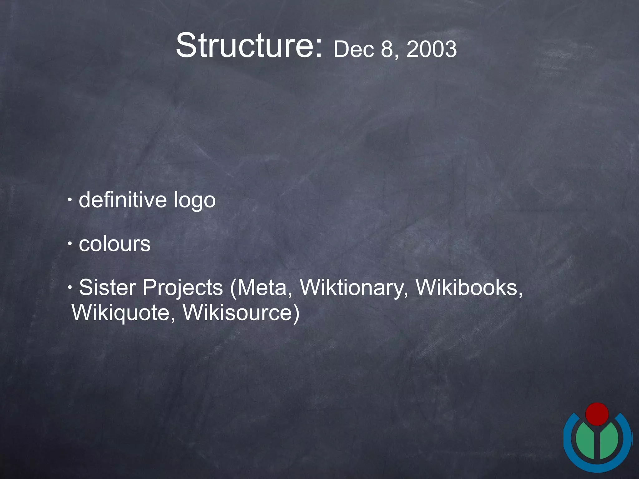 definitive logo  colours   Sister Projects (Meta, Wiktionary, Wikibooks, Wikiquote, Wikisource) Structure:  Dec 8, 2003  