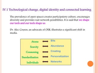 IV.1 Technological change, digital identity and connected learning 
The prevalence of open spaces creates participatory culture, encourages 
diversity and provides vast network possibilities. It is said that we shape 
our tools and our tools shape us. 
Dr. Alec Couros, an advocate of OER, illustrates a significant shift in 
media: 
Atoms Bits 
Scarcity Abundance 
Consuming Creating 
Standardization Personalization 
Individuals Networks 
 