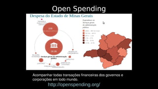 Open Spending 
Acompanhar todas transações financeiras dos governos e 
corporações em todo mundo. 
http://openspending.org/ 
 