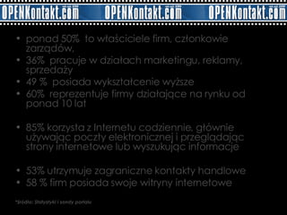 ponad 50%  to właściciele firm, członkowie zarządów,  36%  pracuje w działach marketingu, reklamy, sprzedaży  49 %  posiada wykształcenie wyższe 60%  reprezentuje firmy działające na rynku od ponad 10 lat 85% korzysta z Internetu codziennie, głównie używając poczty elektronicznej i przeglądając strony internetowe lub wyszukując informacje 53% utrzymuje zagraniczne kontakty handlowe 58 % firm posiada swoje witryny internetowe *źródło: Statystyki i sondy portalu 