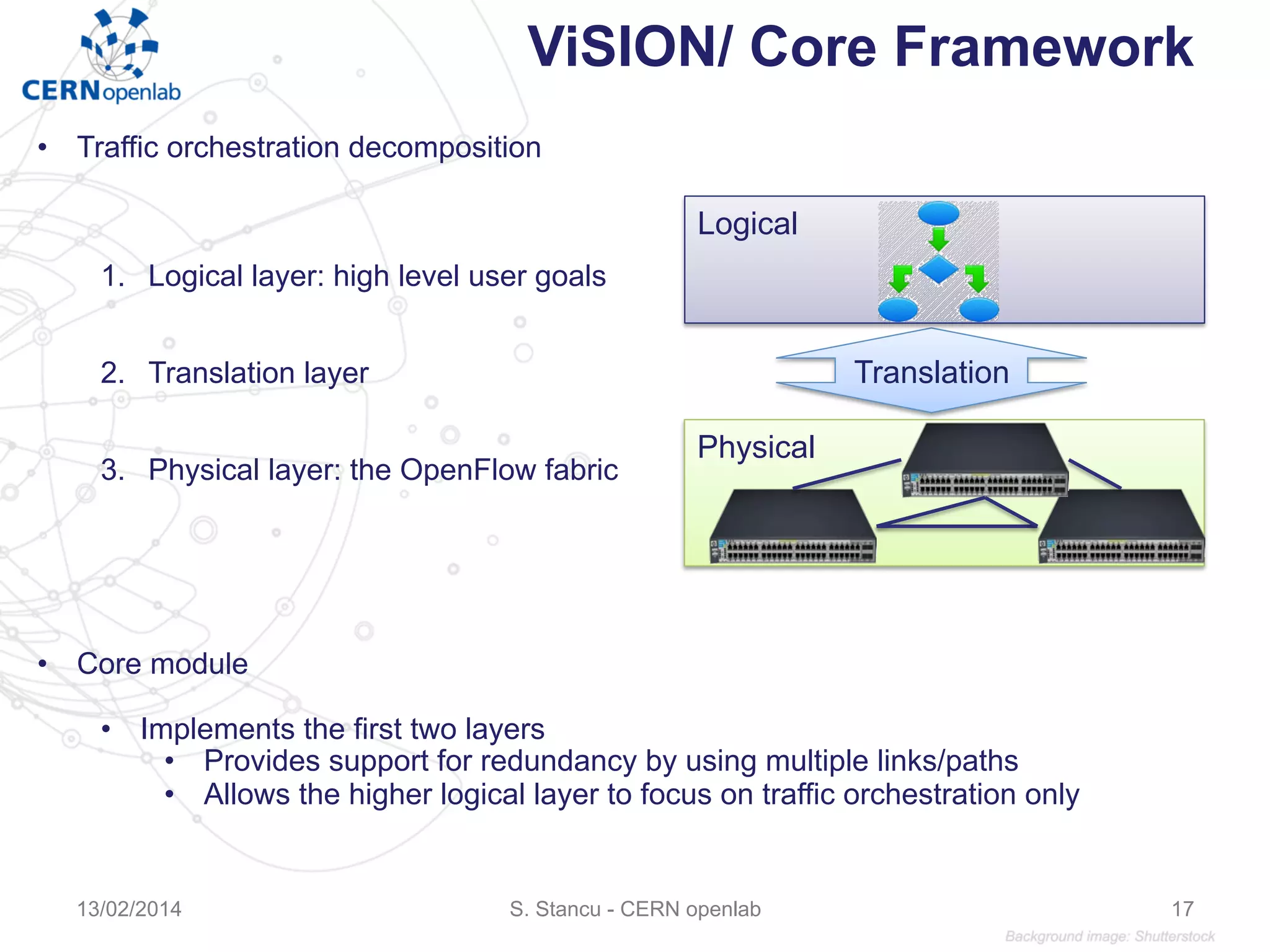 ViSION/ Core Framework
•  Traffic orchestration decomposition
1.  Logical layer: high level user goals
2.  Translation layer
3.  Physical layer: the OpenFlow fabric
•  Core module
•  Implements the first two layers
•  Provides support for redundancy by using multiple links/paths
•  Allows the higher logical layer to focus on traffic orchestration only
Translation
Physical
Logical
S. Stancu - CERN openlab13/02/2014 17
 