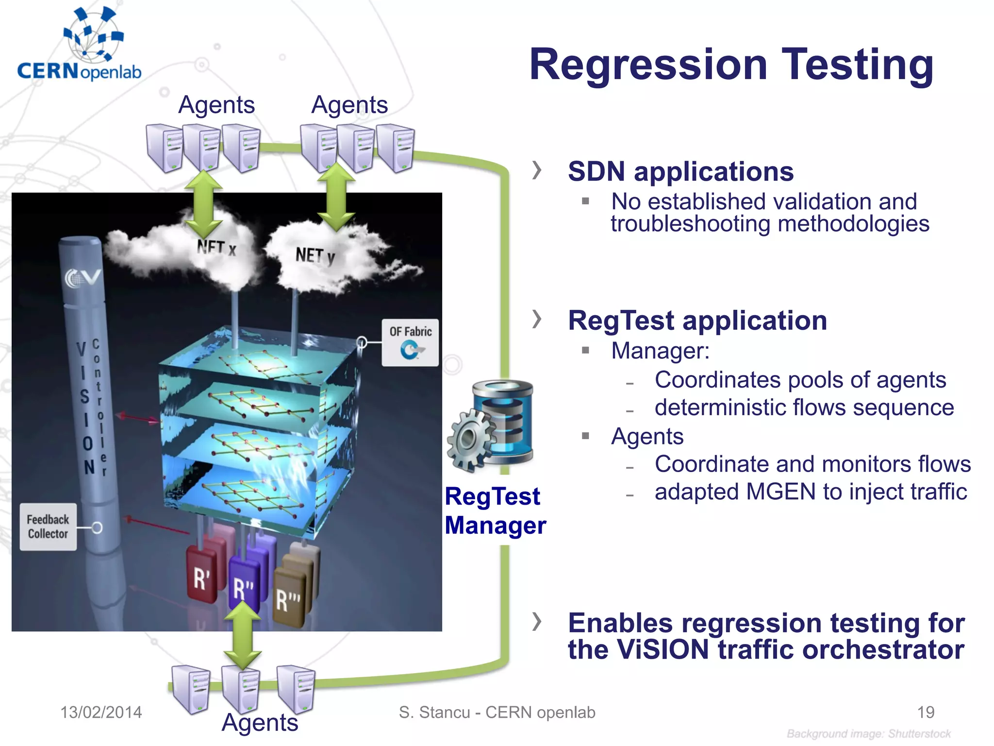 Regression Testing
S. Stancu - CERN openlab13/02/2014 19
RegTest
Manager
Agents
Agents
Agents
›  SDN applications
§  No established validation and
troubleshooting methodologies
›  RegTest application
§  Manager:
̵  Coordinates pools of agents
̵  deterministic flows sequence
§  Agents
̵  Coordinate and monitors flows
̵  adapted MGEN to inject traffic
›  Enables regression testing for
the ViSION traffic orchestrator
 