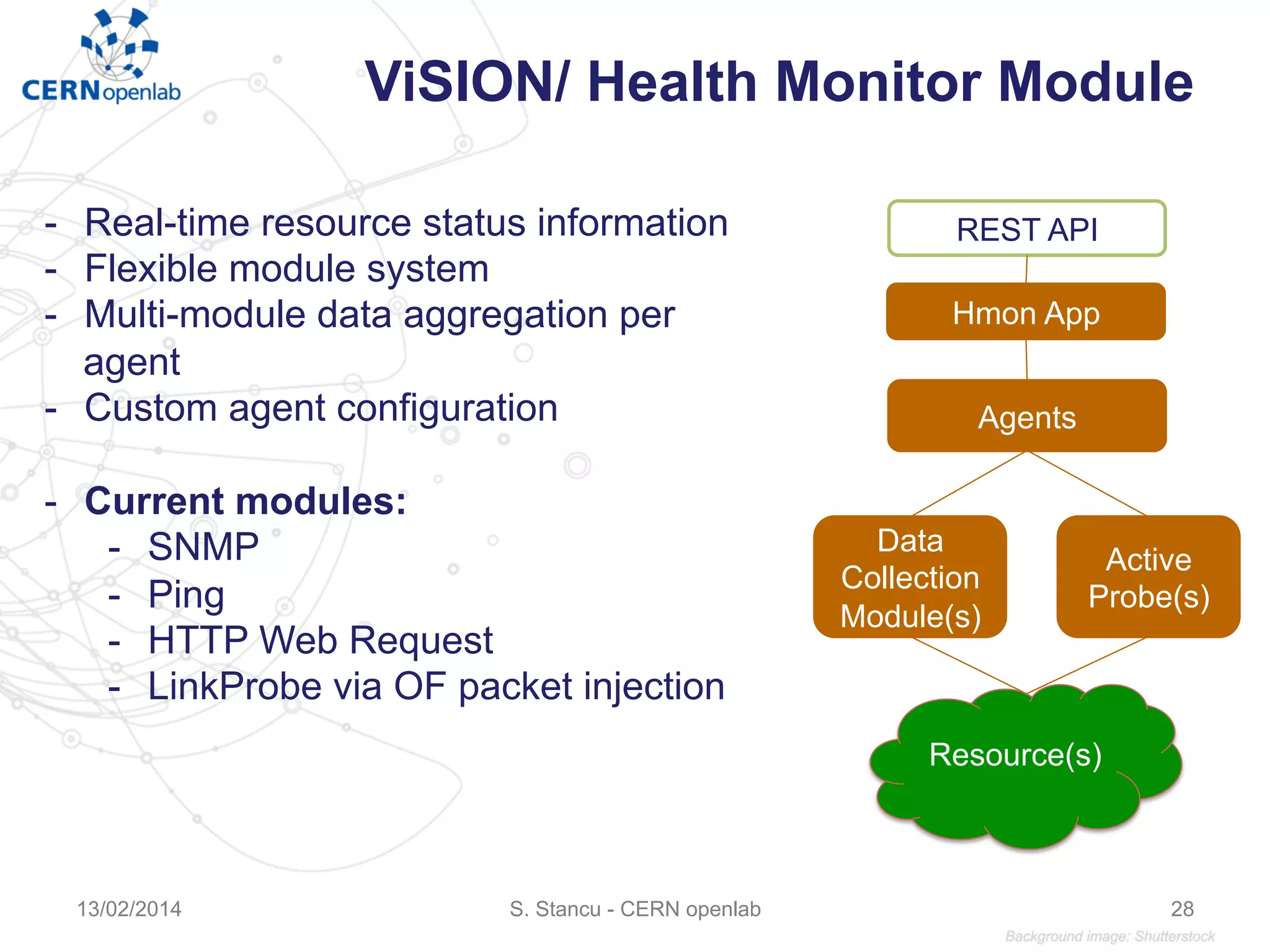 ViSION/ Health Monitor Module
-  Real-time resource status information
-  Flexible module system
-  Multi-module data aggregation per
agent
-  Custom agent configuration
-  Current modules:
-  SNMP
-  Ping
-  HTTP Web Request
-  LinkProbe via OF packet injection
Hmon App
Agents
Data
Collection
Module(s)
Active
Probe(s)
REST API
Resource(s)
S. Stancu - CERN openlab13/02/2014 28
 