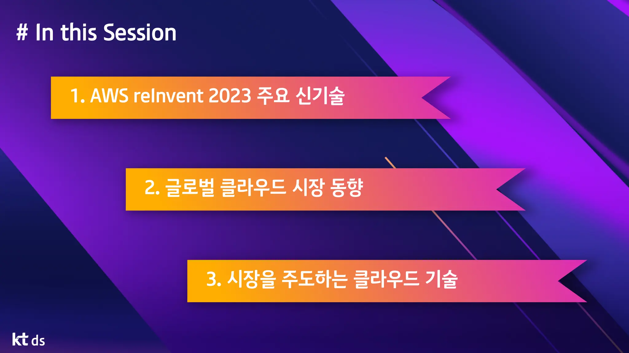 # In this Session
1. AWS reInvent 2023 주요 신기술
2. 글로벌 클라우드 시장 동향
3. 시장을 주도하는 클라우드 기술
 