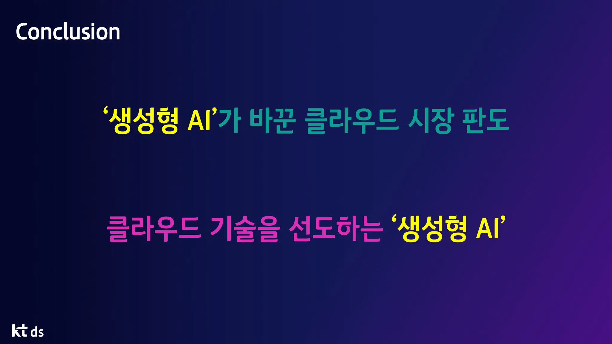 Conclusion
‘생성형 AI’가 바꾼 클라우드 시장 판도
클라우드 기술을 선도하는 ‘생성형 AI’
 