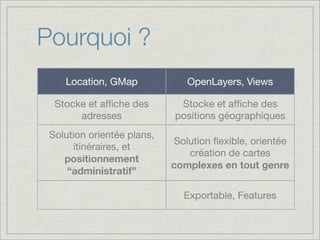 Pourquoi ?
    Location, GMap             OpenLayers, Views

  Stocke et afﬁche des       Stocke et afﬁche des
       adresses             positions géographiques
 Solution orientée plans,
                            Solution ﬂexible, orientée
      itinéraires, et
                               création de cartes
    positionnement
                            complexes en tout genre
     “administratif”

                              Exportable, Features
 