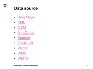 Bundesamt für Landestopografie swisstopo
Data source
• Bing Maps
• KML
• OSM
• MapQuest
• Stamen
• TileJSON
• Vector
• WMS
• WMTS
11
 