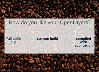 How do you like your OpenLayers?
 
 
full build
(ol.js)
custom build compiled
with
application
 
 