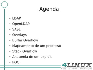 2

                          Agenda
    ●   LDAP
    ●   OpenLDAP
    ●   SASL
    ●   Overlays
    ●   Buffer Overflow
    ●   Mapeamento de um processo
    ●   Stack Overflow
    ●   Anatomia de um exploit
    ●   POC
 