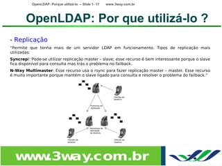 OpenLDAP: Porque utilizá-lo – Slide 1- 17   www.3way.com.br




       OpenLDAP: Por que utilizá-lo ?
- Replicação
“Permite que tenha mais de um servidor LDAP em funcionamento. Tipos de replicação mais
utilizadas:
Syncrepl: Pode-se utilizar replicação master – slave; esse recurso é bem interessante porque o slave
fica disponível para consulta mas trás o problema no failback.
N-Way Multimaster: Esse recurso usa o rsync para fazer replicação master – master. Esse recurso
é muito importante porque mantém o slave ligado para consulta e resolver o problema do failback.”




  w w
   w .3w .com.br
        ay
 