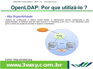 OpenLDAP: Porque utilizá-lo – Slide 1- 18   www.3way.com.br




      OpenLDAP: Por que utilizá-lo ?
- Alta Disponibilidade
“Depois de configurado a replica master-master, é interessante termos configurado a alta
disponibilidade. O software que faz este recurso é o heartbeat junto com o mon (especifico para
gerar o alerta da queda do servidor e disparar o heartbeat).




Fonte: http://nisled.org

 w w
  w .3w .com.br
       ay
 