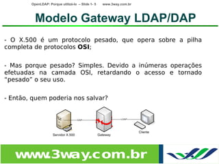 OpenLDAP: Porque utilizá-lo – Slide 1- 5   www.3way.com.br




          Modelo Gateway LDAP/DAP
- O X.500 é um protocolo pesado, que opera sobre a pilha
completa de protocolos OSI;


- Mas porque pesado? Simples. Devido a inúmeras operações
efetuadas na camada OSI, retardando o acesso e tornado
“pesado” o seu uso.


- Então, quem poderia nos salvar?




   w w
    w .3w .com.br
         ay
 