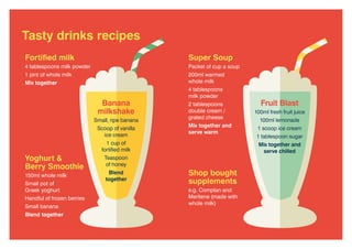 Fortified milk
4 tablespoons milk powder
1 pint of whole milk
Mix together
Banana
milkshake
Small, ripe banana
Scoop of vanilla
ice cream
1 cup of
fortified milk
Teaspoon
of honey
Blend
together
Yoghurt &
Berry Smoothie
150ml whole milk
Small pot of
Greek yoghurt
Handful of frozen berries
Small banana
Blend together
Tasty drinks recipes
Shop bought
supplements
e.g. Complan and
Meritene (made with
whole milk)
Fruit Blast
100ml fresh fruit juice
100ml lemonade
1 scoop ice cream
1 tablespoon sugar
Mix together and
serve chilled
Super Soup
Packet of cup a soup
200ml warmed
whole milk
4 tablespoons
milk powder
2 tablespoons
double cream /
grated cheese
Mix together and
serve warm
 