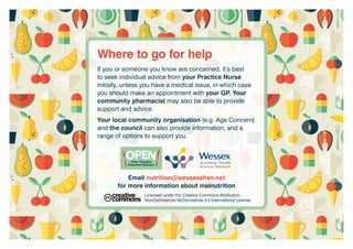 If you or someone you know are concerned, it’s best
to seek individual advice from your Practice Nurse
initially, unless you have a medical issue, in which case
you should make an appointment with your GP. Your
community pharmacist may also be able to provide
support and advice.
Your local community organisation (e.g. Age Concern)
and the council can also provide information, and a
range of options to support you.
Email nutrition@wessexahsn.net
for more information about malnutrition
Where to go for help
Licensed under the Creative Commons Attribution-
NonCommercial-NoDerivatives 4.0 International License
 