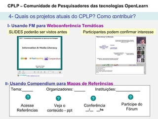 I- Usando FM para  Webconferência Temáticas II-   Usando Compendium para  Mapas de Referências ? Conferência  __/__  __hs ? Veja o conteúdo - ppt ? Acesse Referências ? Participe do Fórum Tema:_____  Organizadores: _____  Instituições:___________ CPLP  –  Comunidade de Pesquisadores das tecnologias OpenLearn 4- Quais os projetos atuais do CPLP? Como contribuir? SLIDES poderão ser vistos antes Participantes podem confirmar interesse  