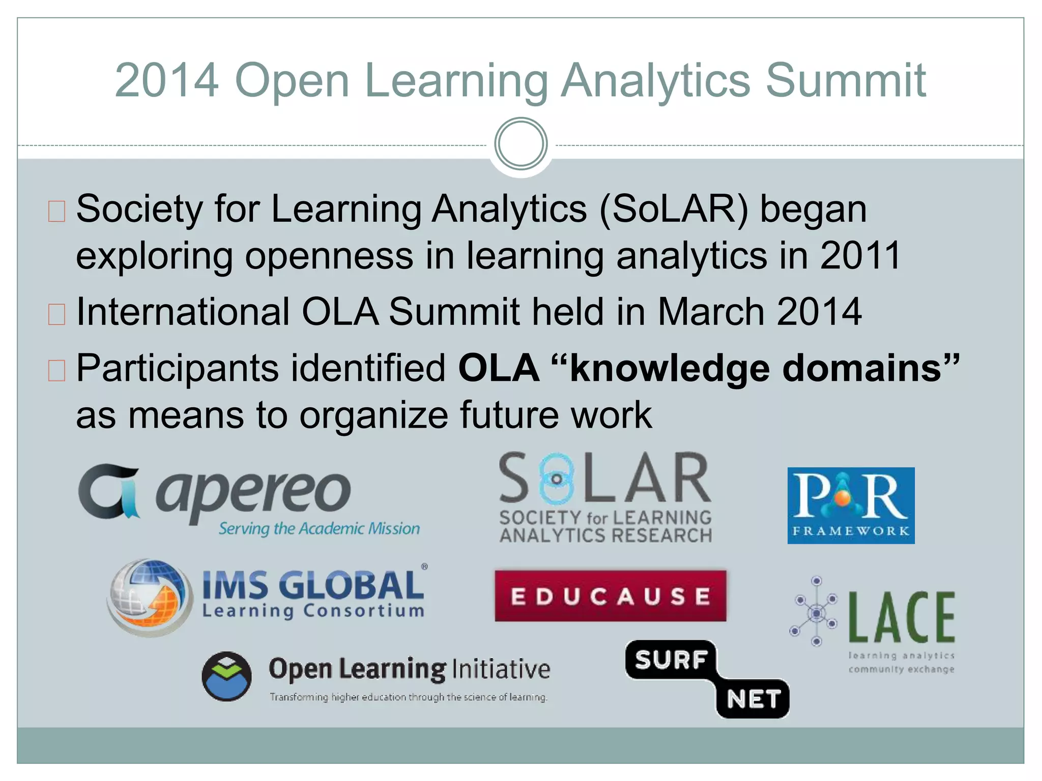 2014 Open Learning Analytics Summit 
Society for Learning Analytics (SoLAR) began 
exploring openness in learning analytics in 2011 
International OLA Summit held in March 2014 
Participants identified OLA “knowledge domains” 
as means to organize future work 
 