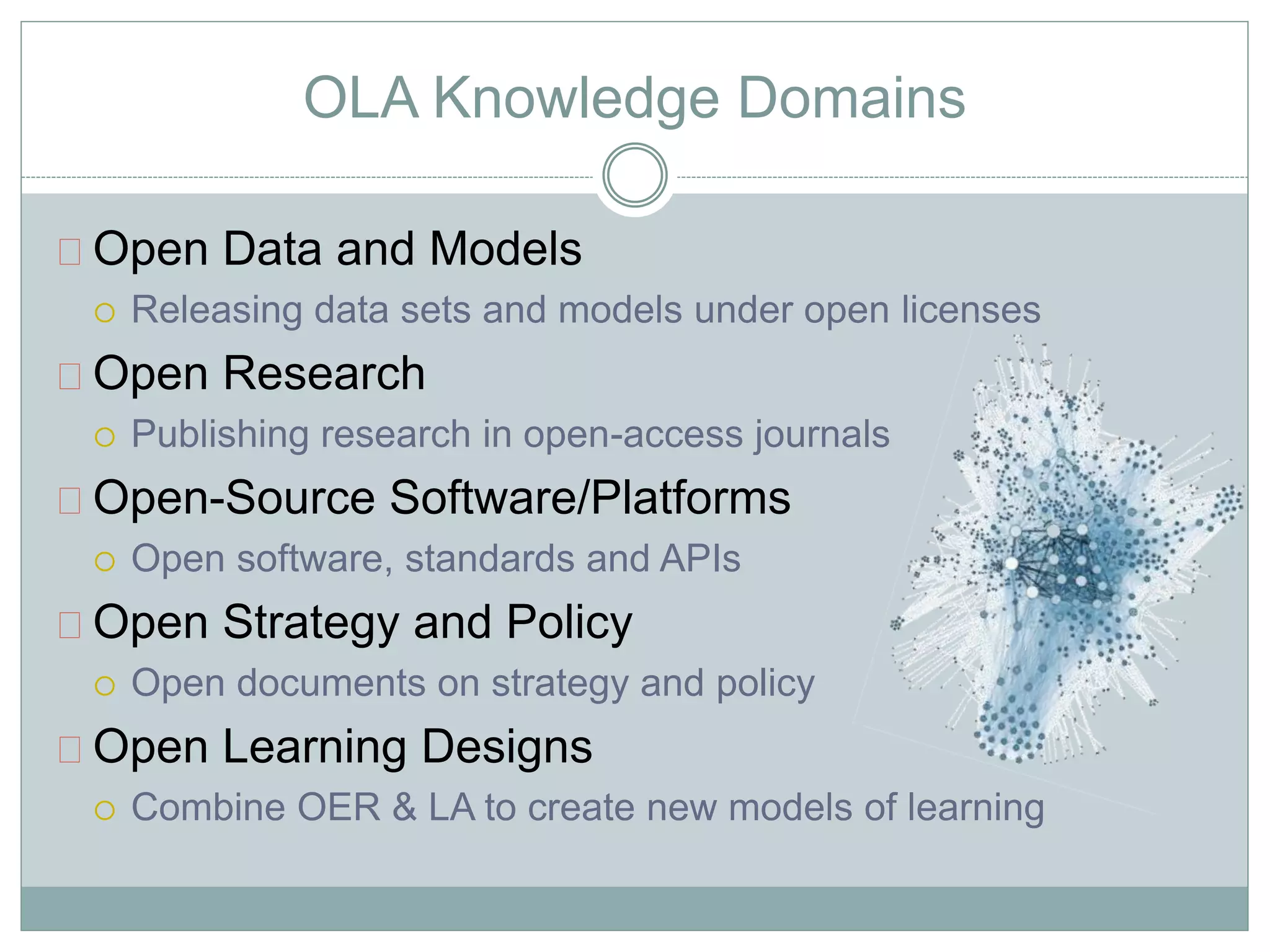 OLA Knowledge Domains 
Open Data and Models 
 Releasing data sets and models under open licenses 
Open Research 
 Publishing research in open-access journals 
Open-Source Software/Platforms 
 Open software, standards and APIs 
Open Strategy and Policy 
 Open documents on strategy and policy 
Open Learning Designs 
 Combine OER & LA to create new models of learning 
 