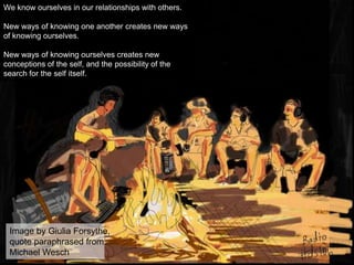 We know ourselves in our relationships with others.
New ways of knowing one another creates new ways
of knowing ourselves.
New ways of knowing ourselves creates new
conceptions of the self, and the possibility of the
search for the self itself.

Image by Giulia Forsythe,
quote paraphrased from
Michael Wesch

 