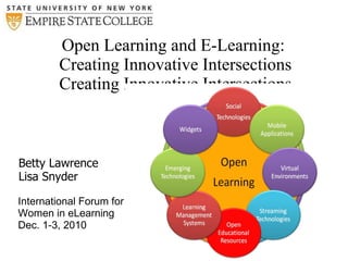 Open Learning and E-Learning:  Creating Innovative Intersections Creating Innovative Intersections ,[object Object],[object Object],International Forum for Women in eLearning Dec. 1-3, 2010 