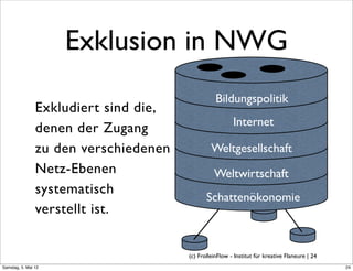 Exklusion in NWG
                                                  Bildungspolitik
                Exkludiert sind die,
                                                         Internet
                denen der Zugang
                zu den verschiedenen            Weltgesellschaft
                Netz-Ebenen                      Weltwirtschaft
                systematisch
                                              Schattenökonomie
                verstellt ist.


                                       (c) FrolleinFlow - Institut für kreative Flaneure | 24
Samstag, 5. Mai 12
 