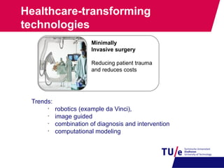 Healthcare-transforming
technologies
Minimally
Invasive surgery
Reducing patient trauma
and reduces costs
Trends:
•
robotics (example da Vinci),
•
image guided
•
combination of diagnosis and intervention
•
computational modeling
 