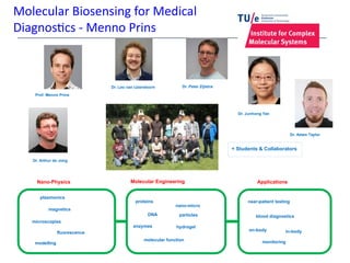 magnetics
plasmonics
fluorescence
microscopies
proteins
DNA
molecular function
near-patient testing
blood diagnostics
monitoring
on-body in-body
modelling
nano-micro
particles
Prof. Menno Prins
Dr. Leo van IJzendoorn
Dr. Arthur de Jong
Dr. Peter Zijlstra
Nano-Physics Molecular Engineering Applications
enzymes
Dr. Junhong Yan
hydrogel
+ Students & Collaborators
Molecular Biosensing for Medical
Diagnostics - Menno Prins
Dr. Adam Taylor
 