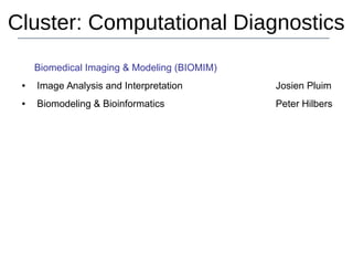 Cluster: Computational Diagnostics
Biomedical Imaging & Modeling (BIOMIM)
● Image Analysis and Interpretation Josien Pluim
● Biomodeling & Bioinformatics Peter Hilbers
 