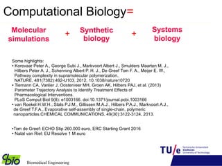 Computational Biology
Molecular
simulations
Biomedical Engineering
Computational Biology=
Systems
biology
Synthetic
biology
+ +
Some highlights:
● Korevaar Peter A., George Subi J., Markvoort Albert J., Smulders Maarten M. J.,
Hilbers Peter A. J., Schenning Albert P. H. J., De Greef Tom F. A., Meijer E. W.,
Pathway complexity in supramolecular polymerization,
NATURE, 481(7382):492-U103, 2012, 10.1038/nature10720
● Tiemann CA, Vanlier J, Oosterveer MH, Groen AK, Hilbers PAJ, et al. (2013)
Parameter Trajectory Analysis to Identify Treatment Effects of
Pharmacological Interventions.
PLoS Comput Biol 9(8): e1003166. doi:10.1371/journal.pcbi.1003166
● van Roekel H.W.H., Stals P.J.M., Gillissen M.A.J., Hilbers P.A.J., Markvoort A.J.,
de Greef T.F.A., Evaporative self-assembly of single-chain, polymeric
nanoparticles.CHEMICAL COMMUNICATIONS, 49(30):3122-3124, 2013.
●Tom de Greef: ECHO Stip 260.000 euro, ERC Starting Grant 2016
● Natal van Riel: EU Resolve 1 M euro
 