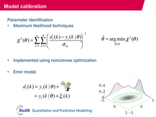 Model calibration
Parameter identification
• Maximum likelihood techniques
• Implemented using nonconvex optimization
• Error model
52
Quantitative and Predictive Modelling
2
2
1 1
( ) ( | )
( )
n N
i i
i k ik
d k y k 
 
 
 
  
 

2
ˆ 0
ˆ arg min ( )

  


( ) ( | )i id k y k  
( | ) ( )i iy k k  
 