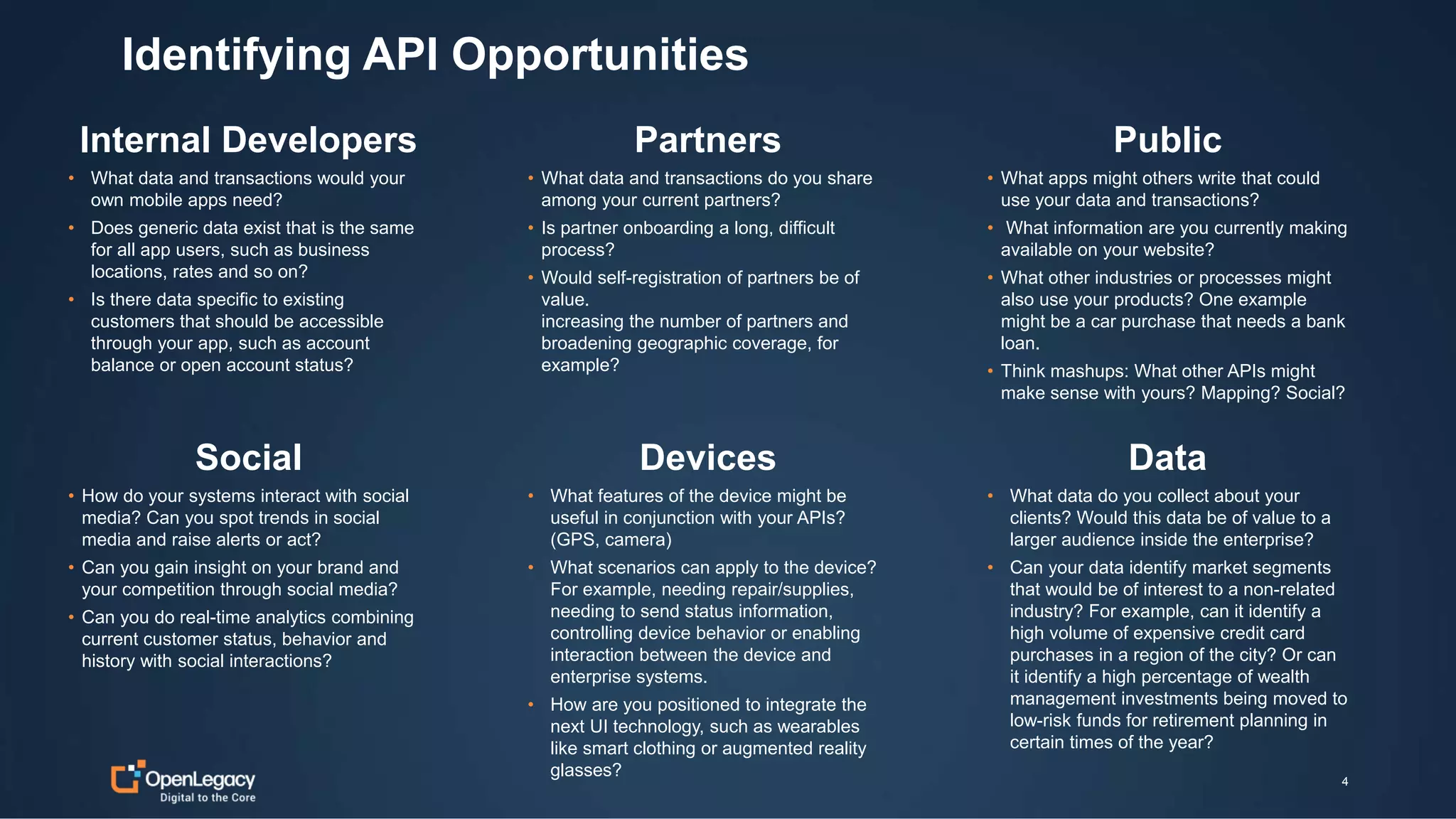 4
Identifying API Opportunities
4
Internal Developers
• What data and transactions would your
own mobile apps need?
• Does generic data exist that is the same
for all app users, such as business
locations, rates and so on?
• Is there data specific to existing
customers that should be accessible
through your app, such as account
balance or open account status?
Partners
• What data and transactions do you share
among your current partners?
• Is partner onboarding a long, difficult
process?
• Would self-registration of partners be of
value.
increasing the number of partners and
broadening geographic coverage, for
example?
Public
• What apps might others write that could
use your data and transactions?
• What information are you currently making
available on your website?
• What other industries or processes might
also use your products? One example
might be a car purchase that needs a bank
loan.
• Think mashups: What other APIs might
make sense with yours? Mapping? Social?
Social
• How do your systems interact with social
media? Can you spot trends in social
media and raise alerts or act?
• Can you gain insight on your brand and
your competition through social media?
• Can you do real-time analytics combining
current customer status, behavior and
history with social interactions?
Devices
• What features of the device might be
useful in conjunction with your APIs?
(GPS, camera)
• What scenarios can apply to the device?
For example, needing repair/supplies,
needing to send status information,
controlling device behavior or enabling
interaction between the device and
enterprise systems.
• How are you positioned to integrate the
next UI technology, such as wearables
like smart clothing or augmented reality
glasses?
Data
• What data do you collect about your
clients? Would this data be of value to a
larger audience inside the enterprise?
• Can your data identify market segments
that would be of interest to a non-related
industry? For example, can it identify a
high volume of expensive credit card
purchases in a region of the city? Or can
it identify a high percentage of wealth
management investments being moved to
low-risk funds for retirement planning in
certain times of the year?
 