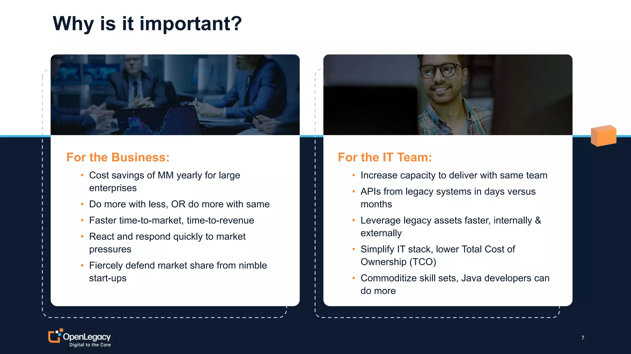 7
Why is it important?
7
For the Business:
• Cost savings of MM yearly for large
enterprises
• Do more with less, OR do more with same
• Faster time-to-market, time-to-revenue
• React and respond quickly to market
pressures
• Fiercely defend market share from nimble
start-ups
For the IT Team:
• Increase capacity to deliver with same team
• APIs from legacy systems in days versus
months
• Leverage legacy assets faster, internally &
externally
• Simplify IT stack, lower Total Cost of
Ownership (TCO)
• Commoditize skill sets, Java developers can
do more
 