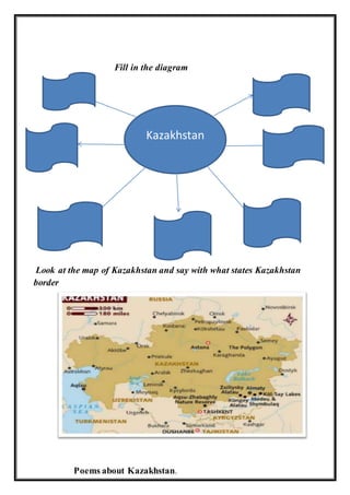 Fill in the diagram
Look at the map of Kazakhstan and say with what states Kazakhstan
border
Poems about Kazakhstan.
Kazakhstan
 