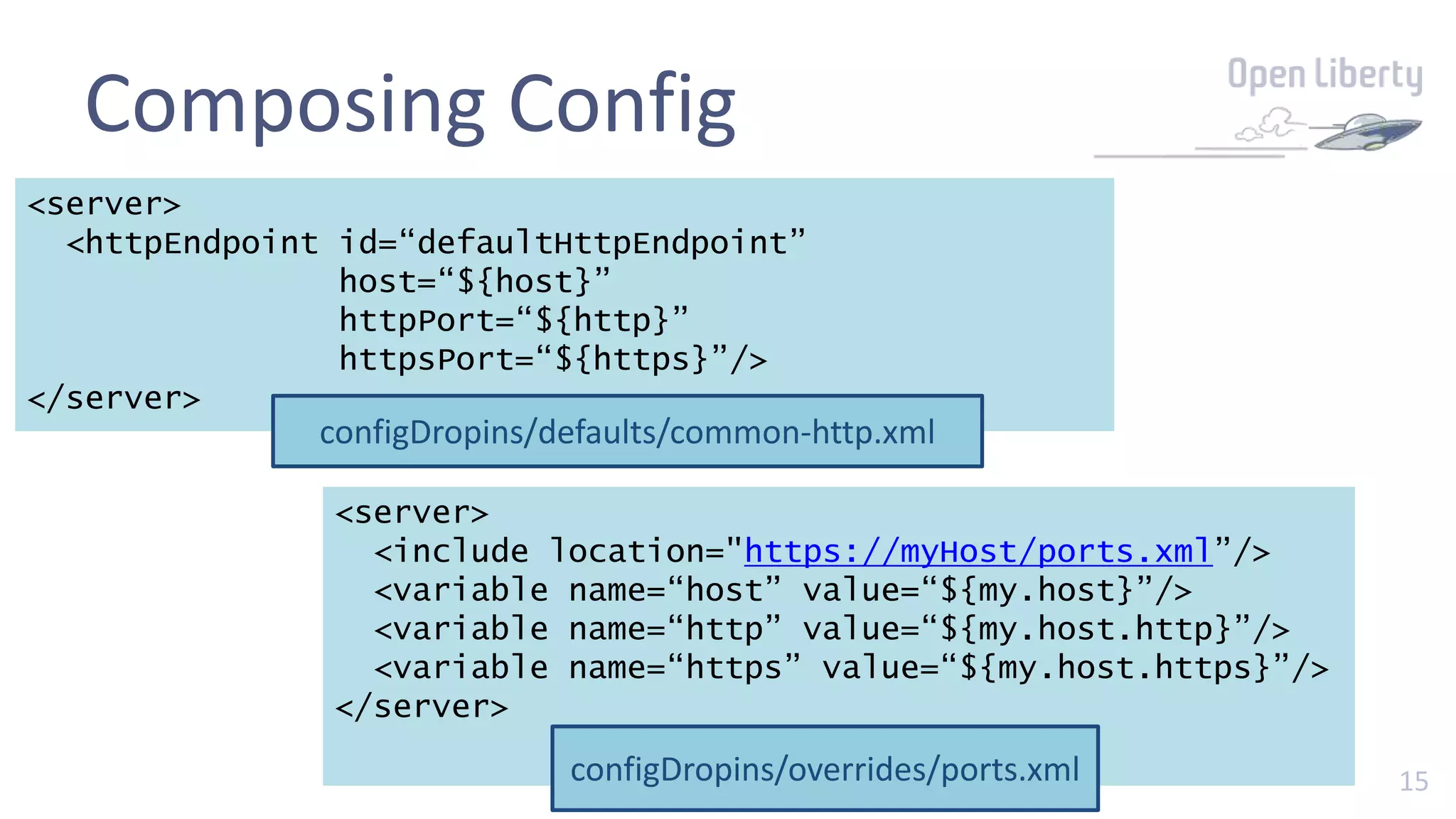 15
Composing Config
<server>
<httpEndpoint id=“defaultHttpEndpoint”
host=“${host}”
httpPort=“${http}”
httpsPort=“${https}”/>
</server>
configDropins/defaults/common-http.xml
<server>
<include location="https://myHost/ports.xml”/>
<variable name=“host” value=“${my.host}”/>
<variable name=“http” value=“${my.host.http}”/>
<variable name=“https” value=“${my.host.https}”/>
</server>
configDropins/overrides/ports.xml
 