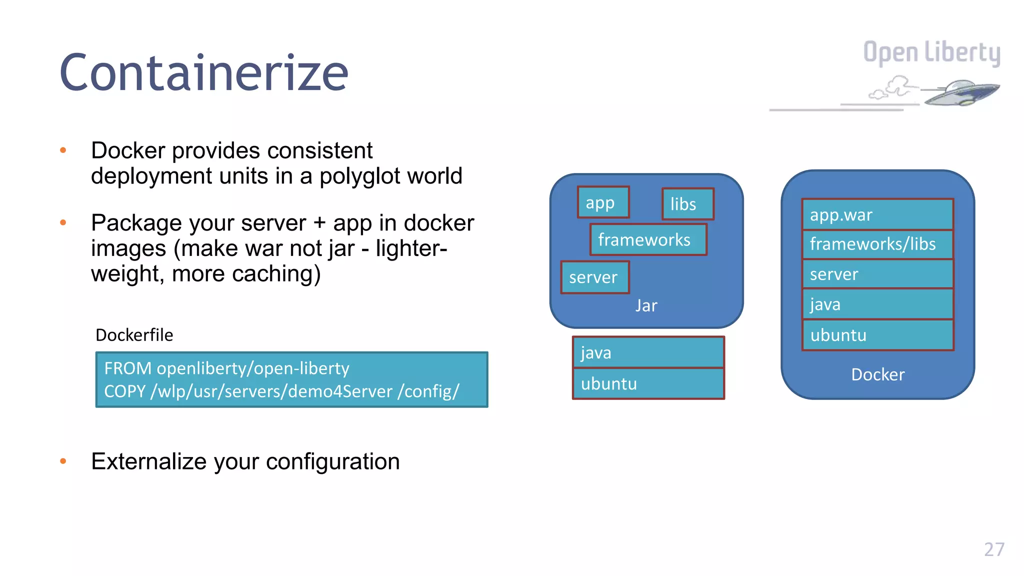 27
Containerize
• Docker provides consistent
deployment units in a polyglot world
• Package your server + app in docker
images (make war not jar - lighter-
weight, more caching)
• Externalize your configuration
Docker
server
ubuntu
java
frameworks/libs
app.war
Jar
server
ubuntu
java
frameworks
app libs
FROM openliberty/open-liberty
COPY /wlp/usr/servers/demo4Server /config/
Dockerfile
 