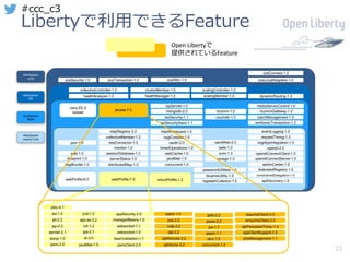 21
#ccc_c3
Libertyで利⽤できるFeature
WebSphere
z/OS
WebSphere
ND
WebSphere
Liberty Core
WebSphere
Base
zosConnect-1.2
zosLocalAdapters-1.0zosSecurity-1.0 zosTransaction-1.0 zosWlm-1.0
Java EE 6
subset
couchdb-1.0
mongodb-2.0
wsSecurity-1.1
javaee-7.0
batchManagement-1.0
rtcomm-1.0 rtcommGateway-1.0
sipServlet-1.0
apiDiscovery-1.0
mediaServerControl-1.0
wsSecuritySaml-1.1 wsAtomicTransaction-1.2
scalingController-1.0
scalingMember-1.0 dynamicRouting-1.0
collectiveController-1.0 clusterMember-1.0
healthManager-1.0healthAnalyzer-1.0
webProfile-6.0
distributedMap-1.0
openid-2.0
openidConnectServer-1.0
openidConnectClient-1.0
osgiAppIntegration-1.0
spnego-1.0
collectiveMember-1.0
restConnector-1.0
sessionDatabase-1.0
ldapRegistry-3.0
webCache-1.0
javaMail-1.5
osgiConsole-1.0
json-1.0
timedOperations-1.0monitor-1.0
oauth-2.0
serverStatus-1.0
wab-1.0
blueprint-1.0
webProfile-7.0
eventLogging-1.0
requestTiming-1.0
adminCenter-1.0concurrent-1.0
bells-1.0
samlWeb-2.0
scim-1.0
federatedRegistry-1.0
constrainedDelegation-1.0
httpWhiteboard-1.0
osgiBundle-1.0
passwordUtilities-1.0
bluemixUtility-1.0
logstashCollector-1.0
batch-1.0
concurrent-1.0
appClientSupport-1.0
ejbPersistentTimer-1.0
ejbHome-3.2
ejbRemote-3.2
ejb-3.2
mdb-3.2
j2eeManagement-1.1jacc-1.5
jaspic-1.1
jca-1.7
jms-2.0 wmqJmsClient-2.0
wasJmsClient-2.0
jaxws-2.2
jaxb-2.2appSecurity-2.0
managedBeans-1.0
beanValidation-1.1
websocket-1.1
websocket-1.0
jaxrsClient-2.0
cdi-1.2
jpa-2.1
el-3.0
javaMail-1.5
servlet-3.1
jsp-2.3
jsf-2.2 ejbLite-3.2
jndi-1.0
jdbc-4.1
jsonp-1.0
jaxrs-2.0
ssl-1.0
microProfile-1.2
Open	Libertyで
提供されているFeature
 